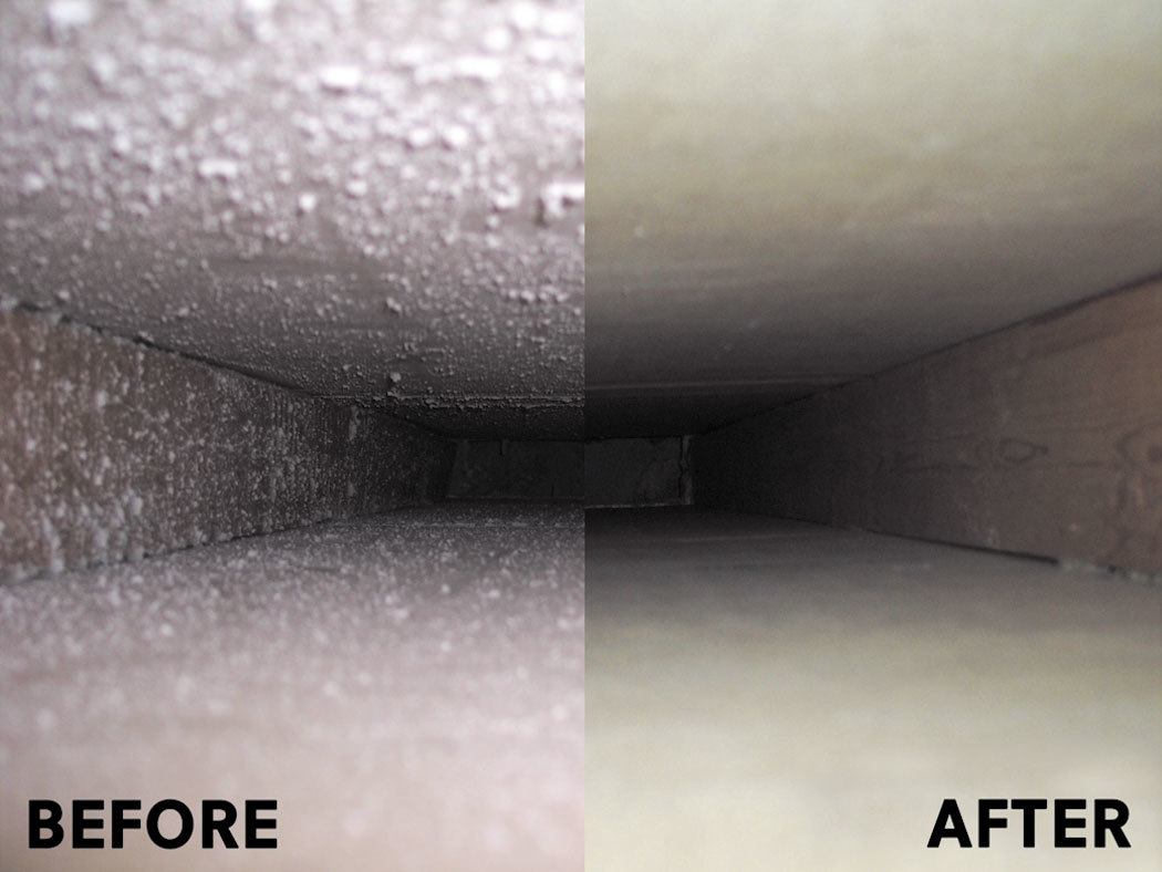 Before and After of dirty and clean air ducts.